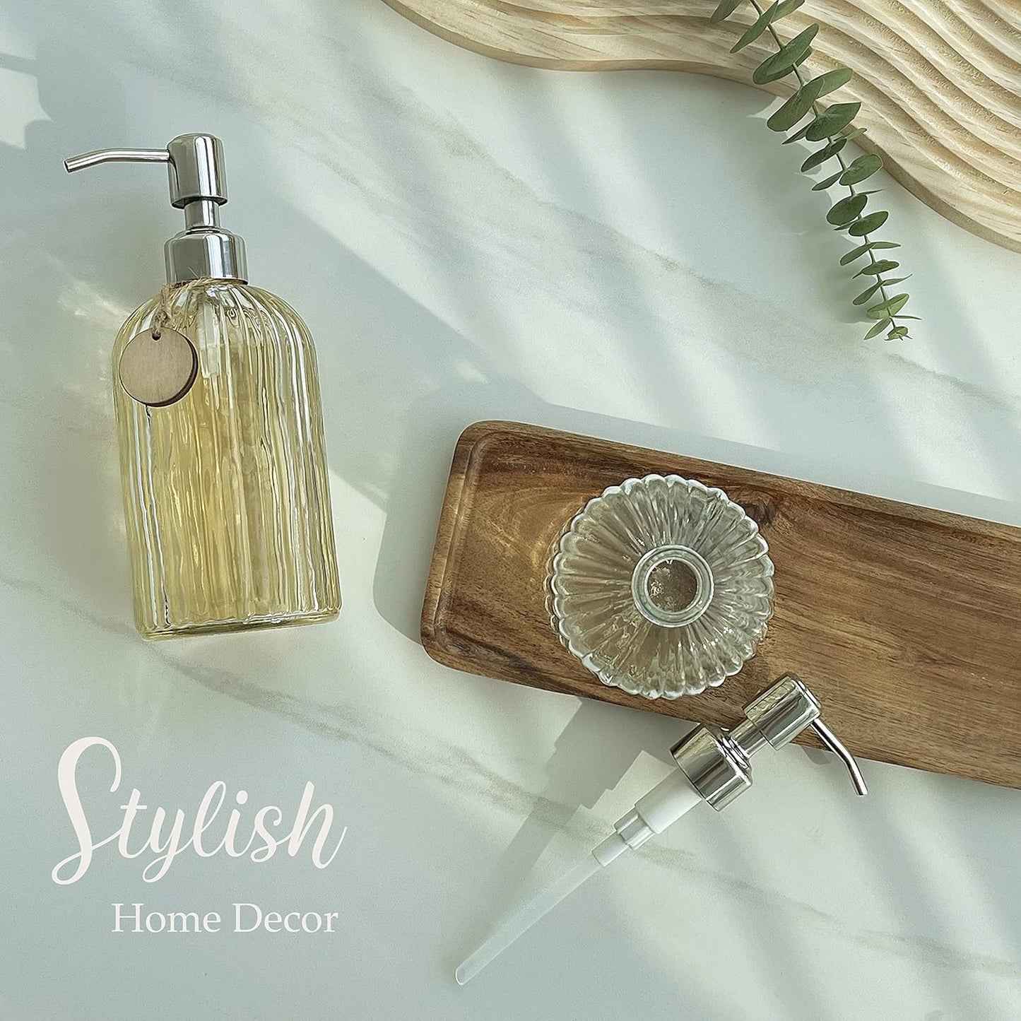 JASAI 2PACK 18 Oz Glass Soap Dispenser with Rust Proof Stainless Steel Pump, Refillable Hand Soap Dispenser with Vertical Stripe, Premium Bathroom soap Dispenser for Kitchen & Bathroom