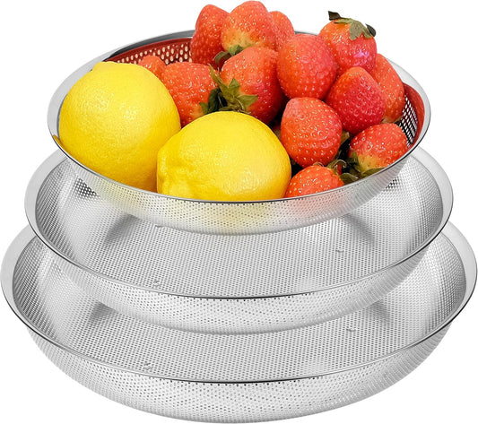 Premium 18/8 304 Stainless Steel Small Colander Set of 3, Comfortable Tray, Micro-Perforated Shallow Colanders 2-3-4 Quart Set, Self-Draining Solid Base for Pasta, Fruits, Vegetables