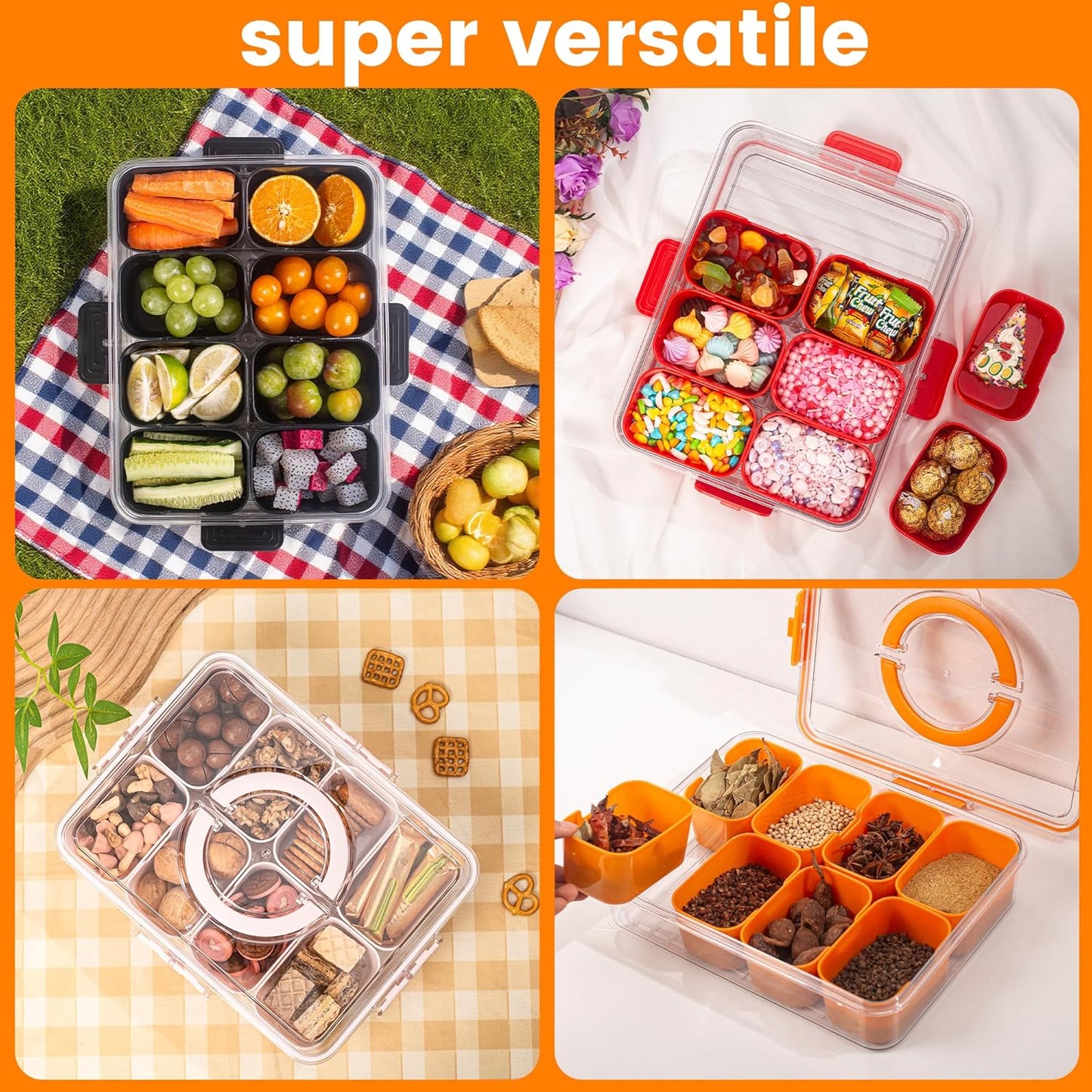 Divided Serving Tray with Lid and Handle - Snackle Box Charcuterie Container for Portable Snack Platters Organizer for Candy, Fruits, Nuts, Snacks - Perfect for Party, Entertaining, Pink