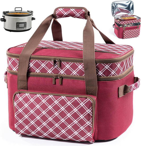 Double Layer Slow Cooker Carrier Bag – Fits 6–8 Qt Oval Slow Cooker Compatible with CrockPot & Hamilton Beach | Insulated Travel Tote with Utensil Storage & Adjustable Straps
