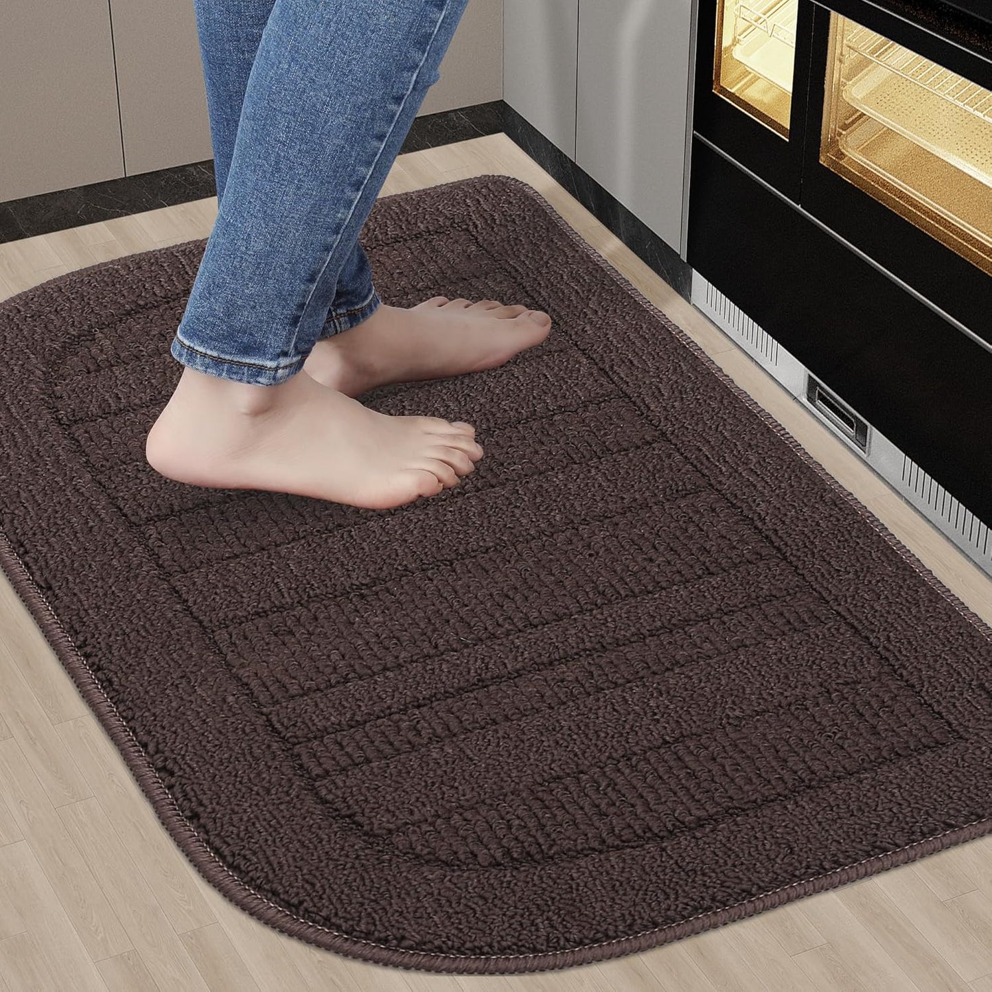 BEQHAUSE 30x18 Inch Kitchen Rug Mat Durable Kitchen Rugs Non-Slip Washable Absorbent Kitchen Mats for Floor Dirt-Resistant Semicircular Kitchen Mat (Brown)