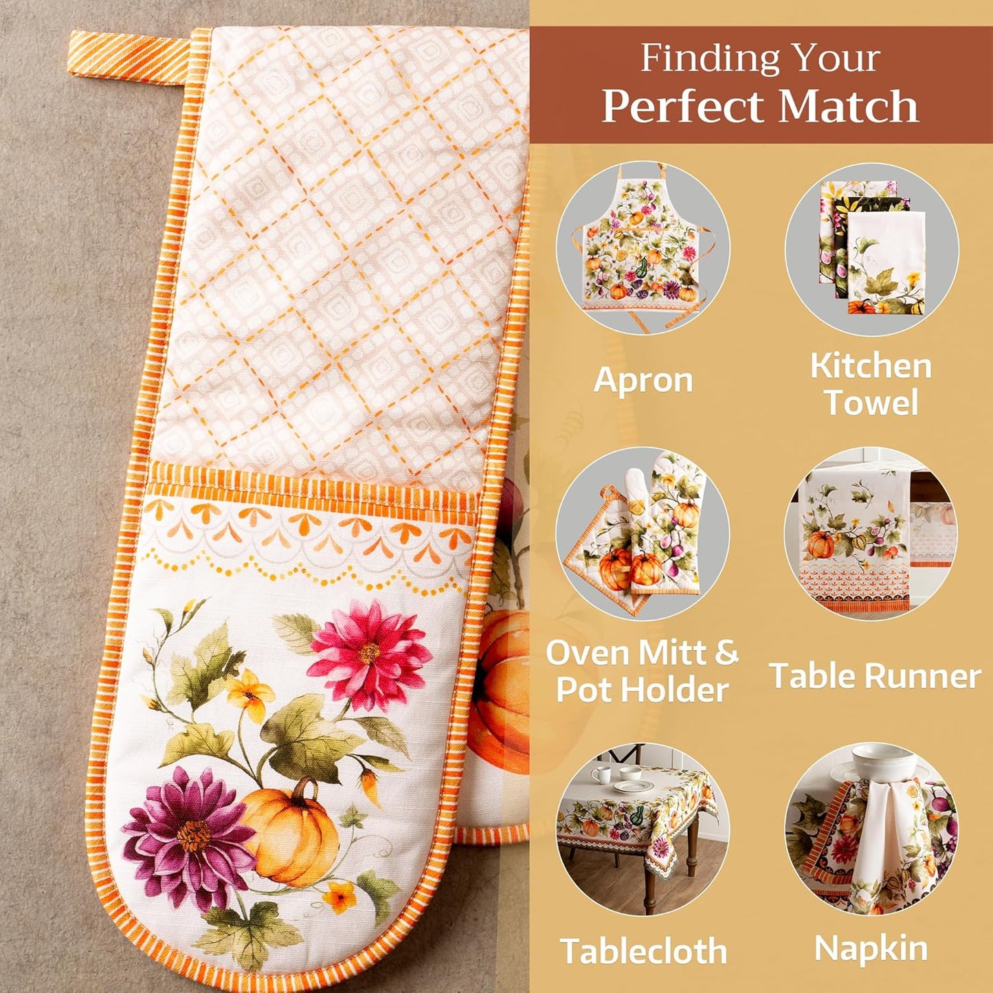 Maison d' Hermine Double Oven Mitts 100% Cotton 7"x35" Double Oven Mitt Heat Resistant BBQ Cooking Gloves with Loop, Baking, Grilling, Home, Kitchen, Handling Hot Pans (Pumpkin Garden - Cloudy Cream)