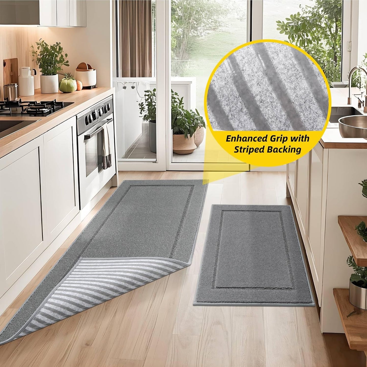 JSEI Non-Slip Kitchen Mats, Self Adhesive No Sliding Kitchen Rugs Set of 2, Washable Absorbent Floor Mat for Kitchen, Bathroom, Laundry Room, Bedroom, 24”x36”+24”x60”, Light Grey, Rectangular Pattern