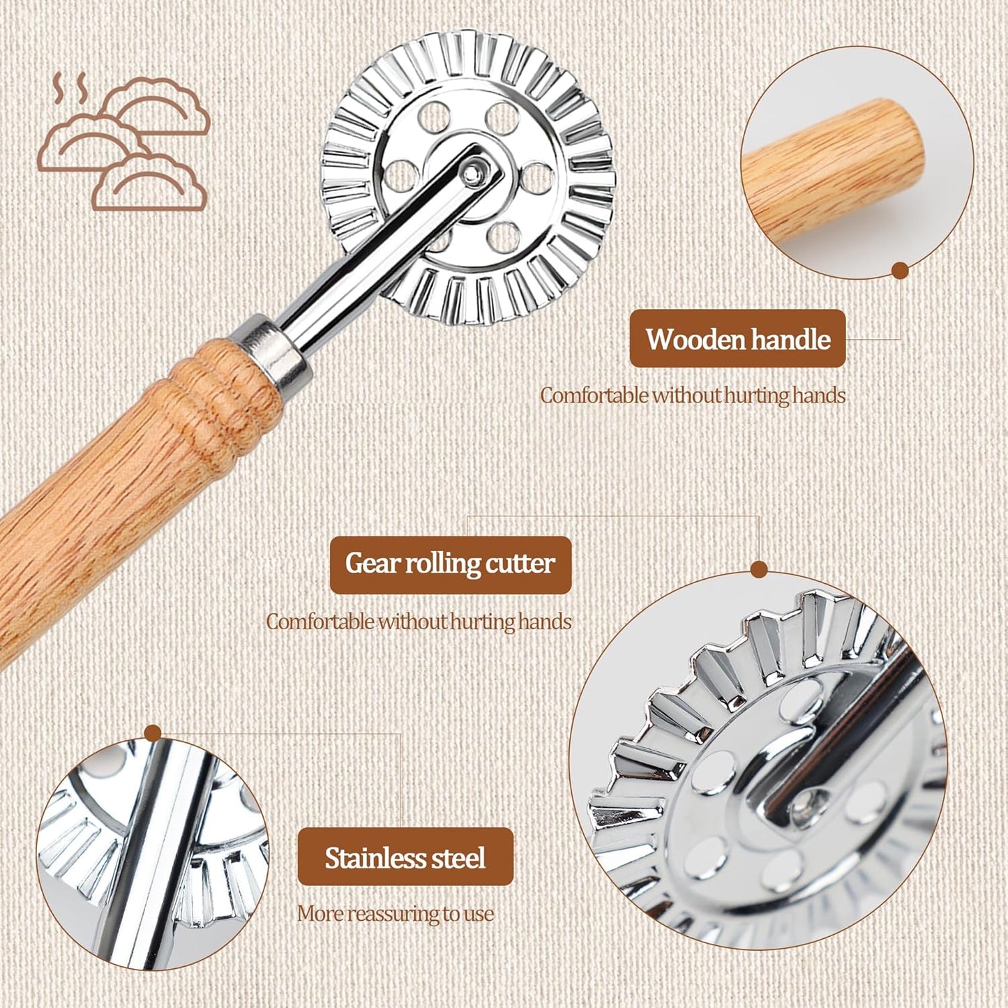 Long Handle Large Cutter Wheel - Exquisite Wooden Handle, Perfect for Pasta, Pizza, Ravioli, Pastry,Cookie - Versatile Crinkle and Biscuit Cutter for Effortless Slicing