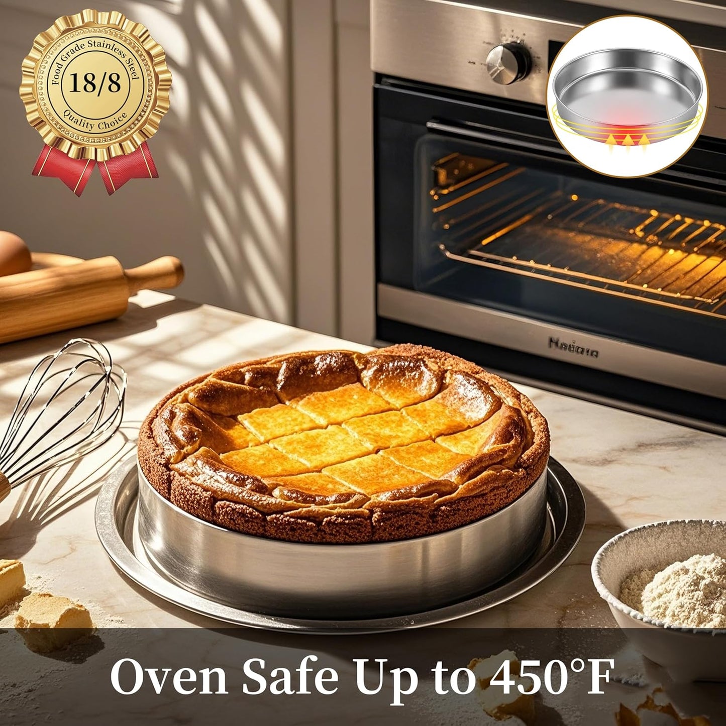 Inqibee Cake Pan Set of 3,18/8 Stainless Steel Round Cake Baking Pans,8-9.5-11 Inch,Physics Anti-Stick and Scratch,Non-Toxic and Easy Clean