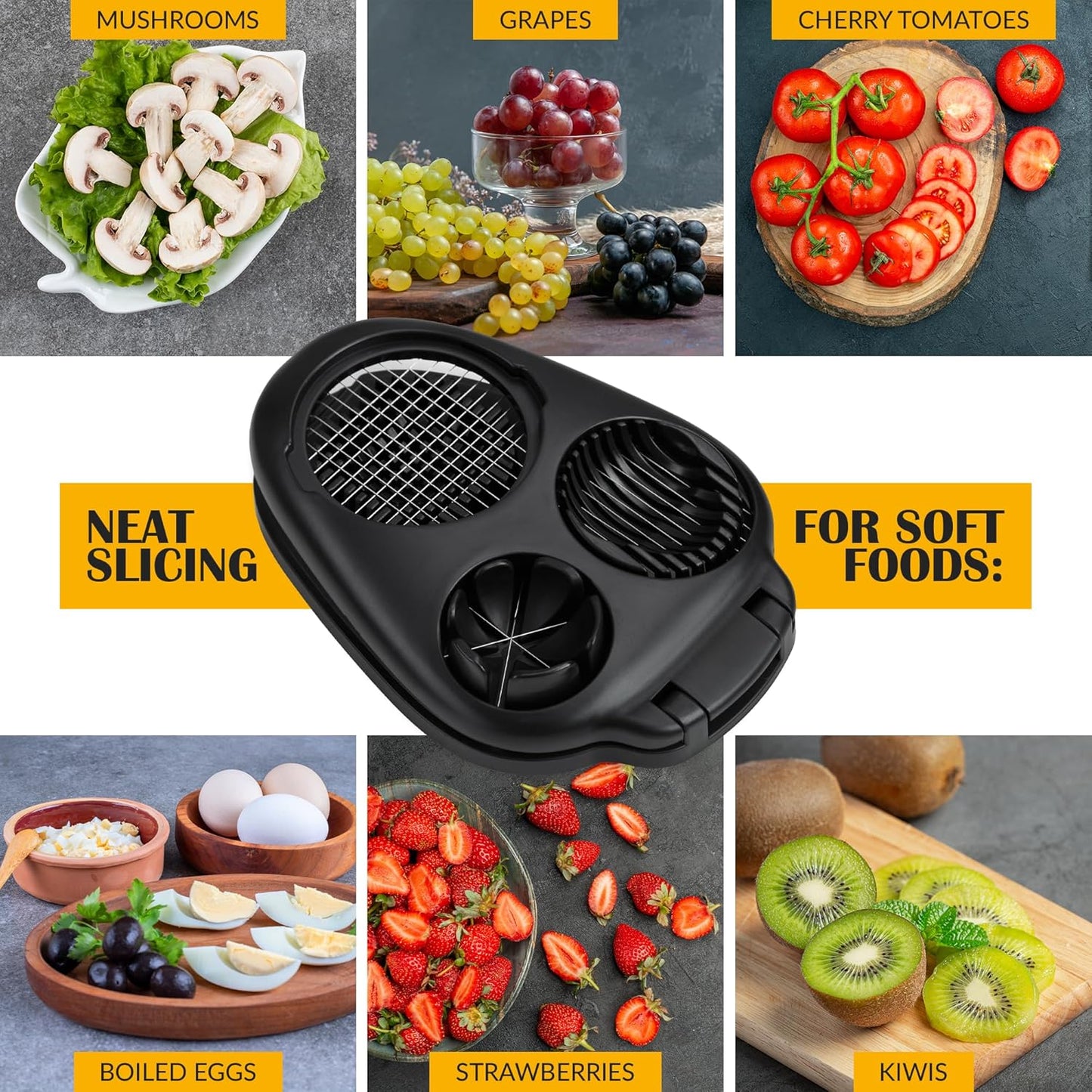 CraftyCrocodile Egg Slicer for Hard Boiled Eggs - 3 Slice Modes Egg Cutter, Heavy Duty, Stainless Steel Dicer - Kitchen Chopper Tool for Strawberry, Mushroom, Grape, Cherry Tomato - Black