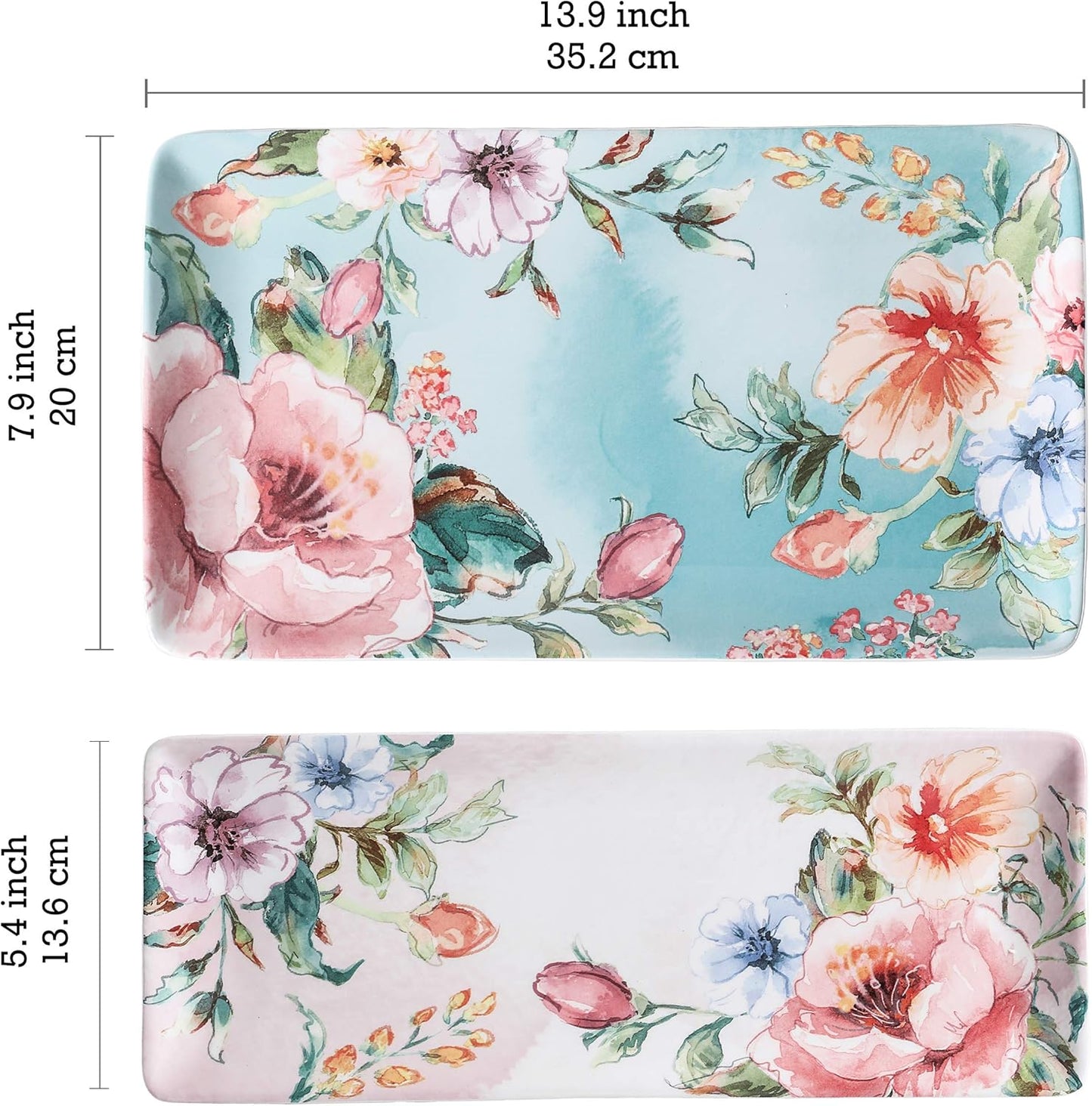 Bico Margret's Garden Ceramic 14 inch Rectangular Serving Platter, Set of 2, for Serving Salad, Pasta, Cheese, Ham, Appetizer, Microwave & Dishwasher Safe