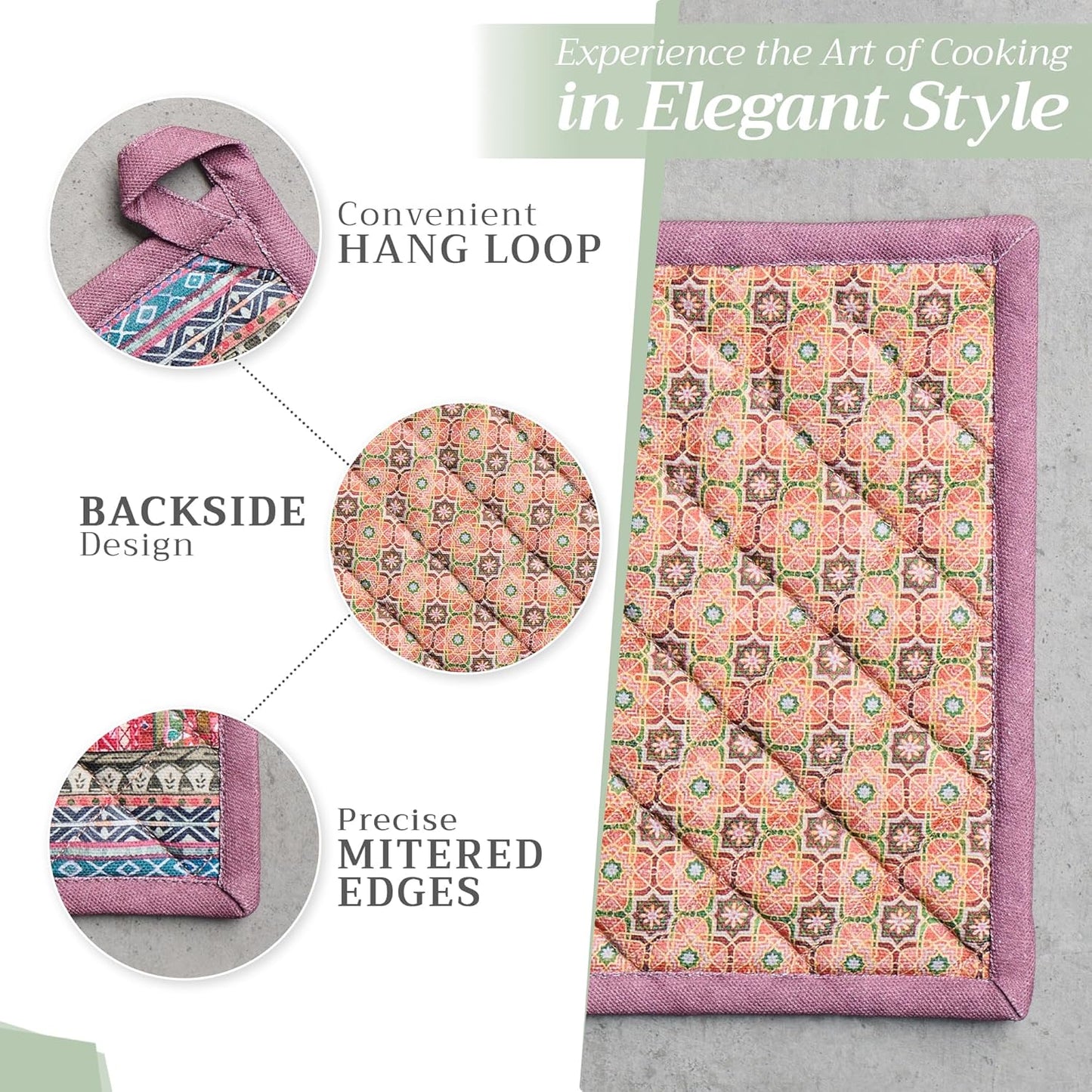 Maison d' Hermine Pot Holders 100% Cotton Heat Resistant Potholders 8" x 8" Hot Pads with Loop BBQ, Cooking, Baking, Grilling, Kitchen, Handling Hot Pans (Pack of 1, Ispahan)