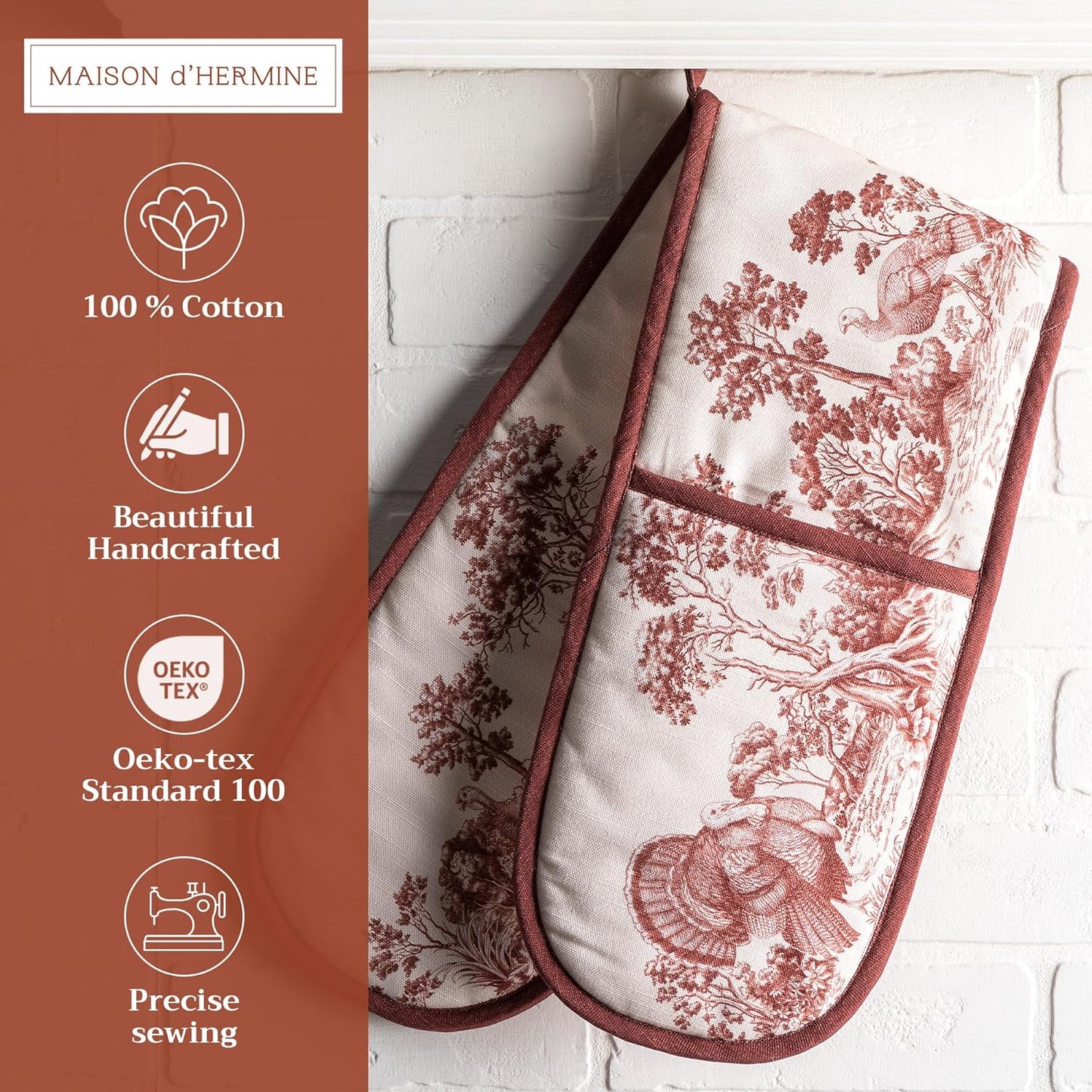 Maison d' Hermine Double Oven Mitt 100% Cotton Heat Resistant Cooking Gloves with Loop, Baking Barbeque, Handling Hot Pan, Holy Jouy - Brown - Thanksgiving/Christmas (7 Inch x 35 Inch)