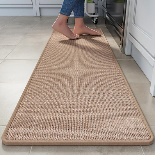 Kitchen Runner Rugs Non Slip Washable, Super Absorbent Cushioned Kitchen Mats for Floor, Linen-Look Woven Sink Mat Standing Floor Mat, Easy Clean, Brown 17"x59"