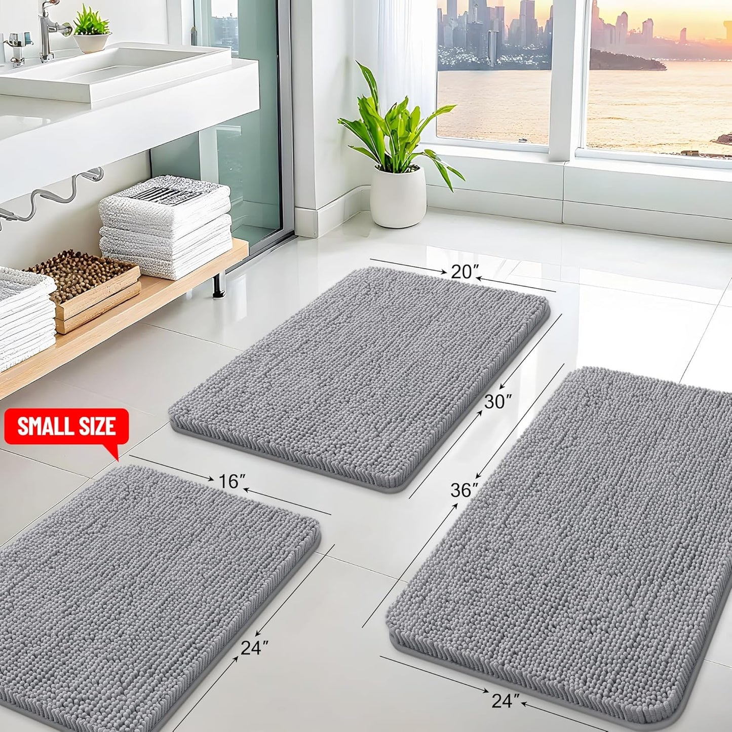 Arotive Bathroom Rugs 24x16, Extra Soft Absorbent Shaggy Chenille Bath Rugs, Machine Washable Rubber Backing Non-Slip Bath Mats for Bathroom Floor Tub and Shower, Home Decor Accessories, Grey