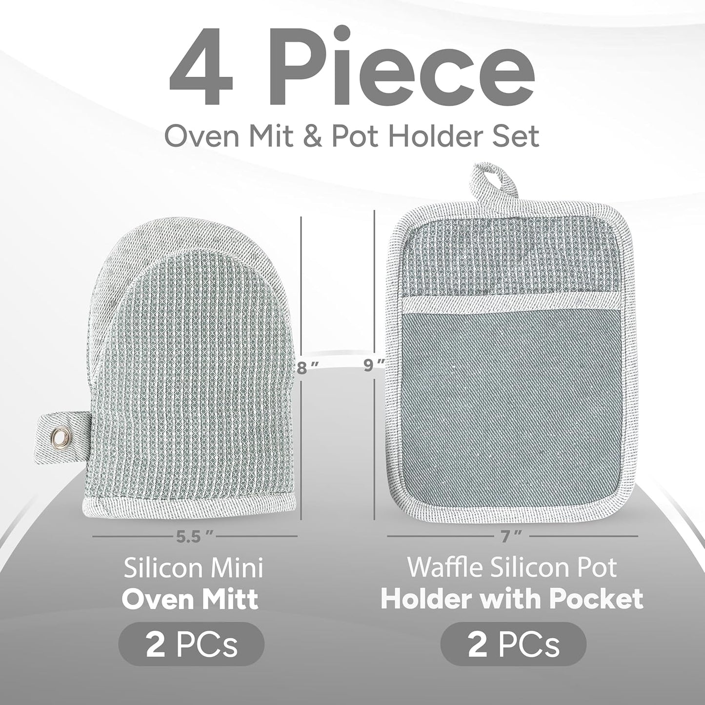 Casa Platino Heat Resistant Oven Mitts & Potholders, 4-Piece – Oven Mitts and Pot Holders Sets for Baking, Grilling & Microwave – Withstands Heat Up to 500°F, Non-Slip, Machine Washable – Grey