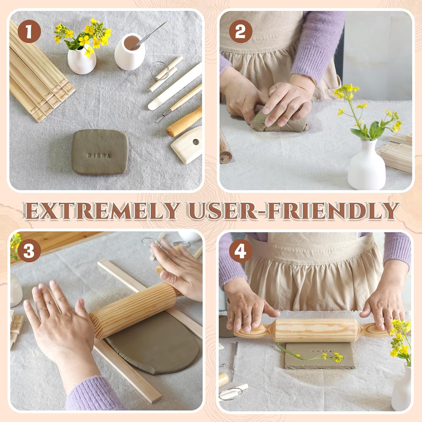 DICHA 10 Pcs Wooden Clay Rolling Guides – Pottery & Polymer Clay Thickness Guide Sticks, 5 Sizes