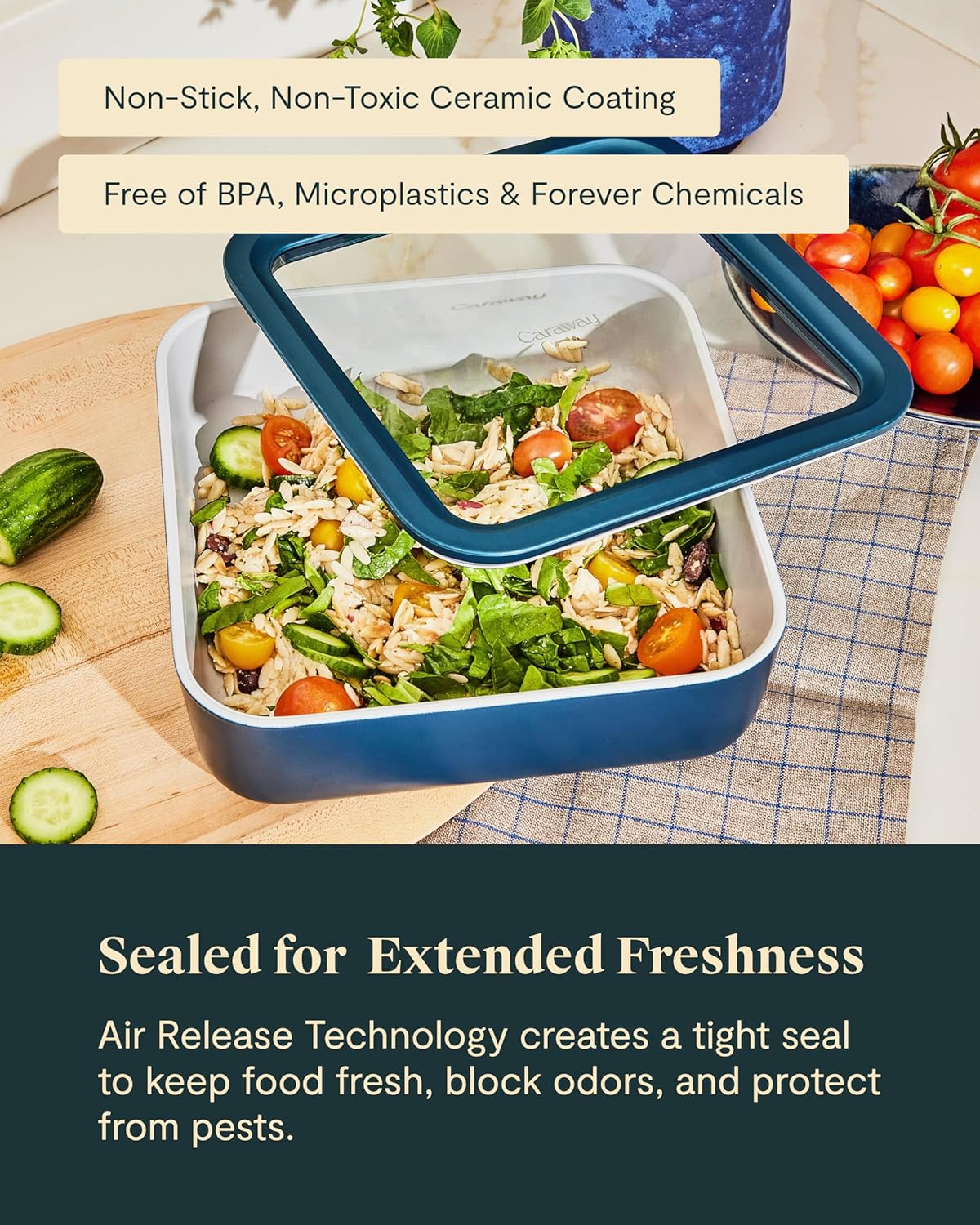 Caraway Glass Food Storage, 10 Cup Glass Container,Ceramic Coated Food Container,Easy to Store, Non Toxic, Non Stick Lunch Box Container with Glass Lids. Dishwasher, Oven,Square Shape,Mist