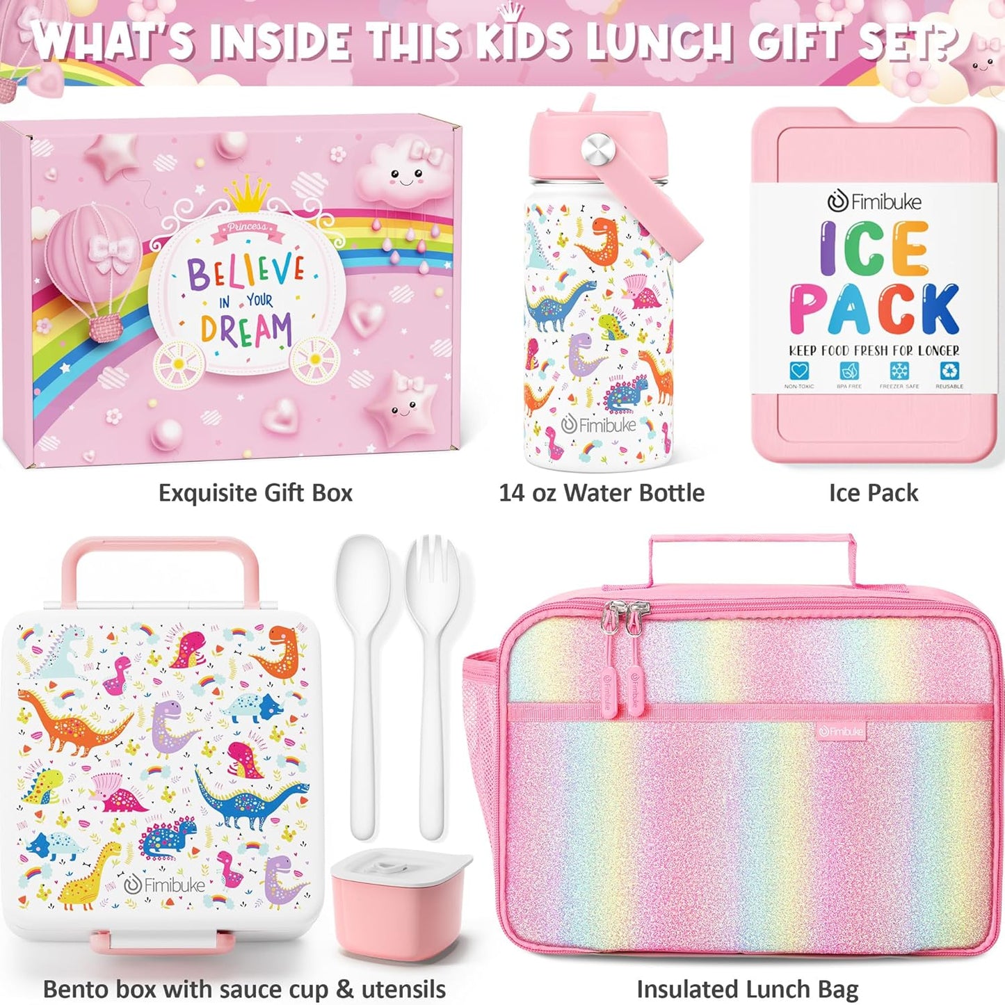 Fimibuke Kids Bento Lunch Box with 4 Compartments, Insulated lunch Bag, Stainless Steel Insulated Water Bottle, Ice Pack & Utensils Set, Birthday Gifts for Ages 3-12 Back to School Toddler Girls Boys