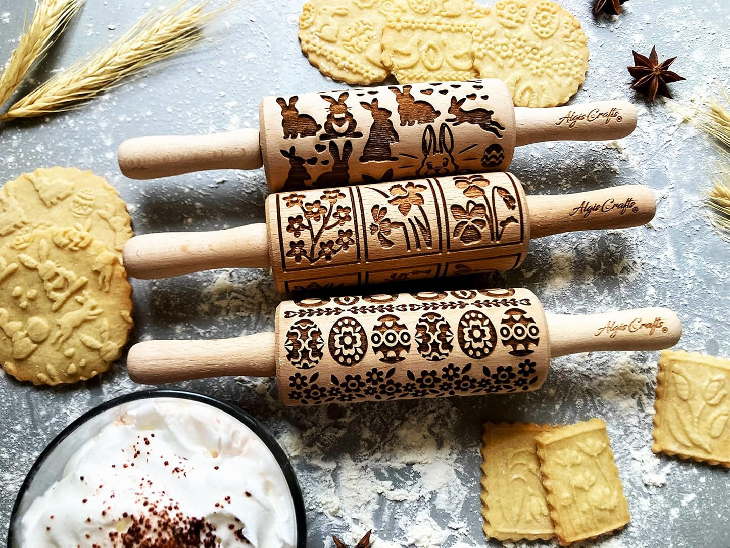 EASTER 3 Mini Embossed Rolling Pin Set. Wooden Laser Cut Embossing Rolling Pins for Embossed Cookies. Easter, Rabbit, Egg, Chicken, Spring, Flowers from Algis Crafts
