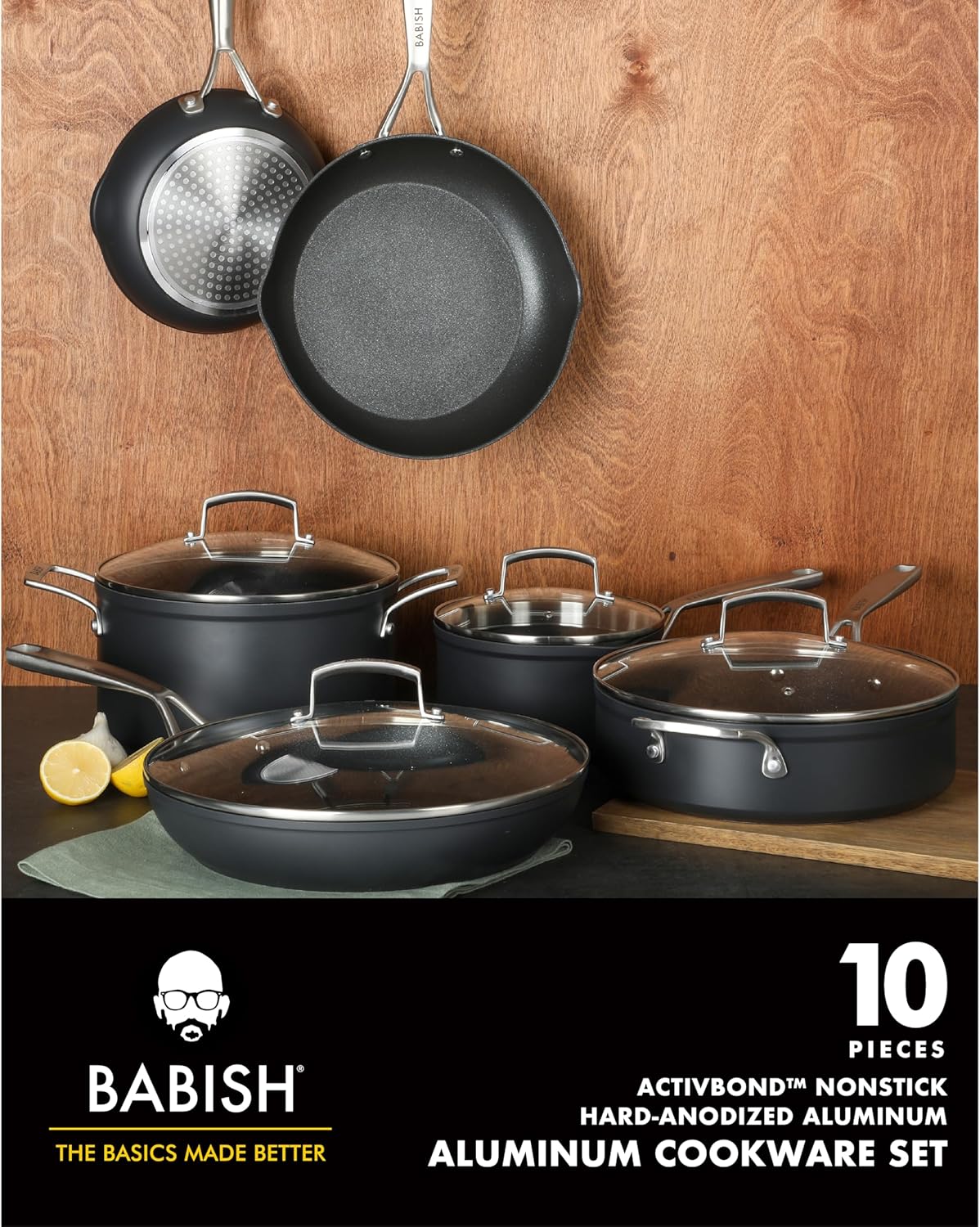 Babish 10 Piece Hard Anodized Laser Titanium Forever Non Stick Technology Durable Pots and Pans Cookware Set - Black