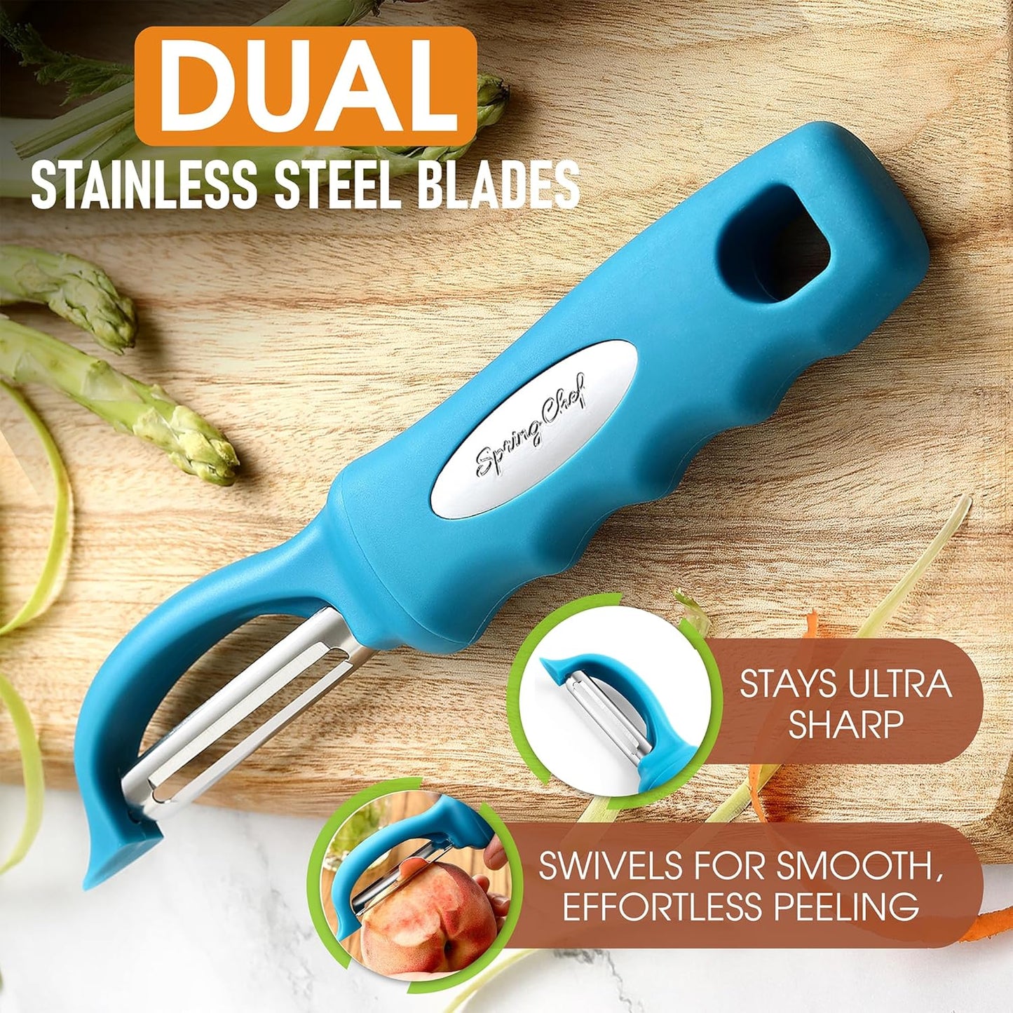 Spring Chef Stainless Steel Swivel Potato Peelers for Kitchen, Dishwasher Safe Veggie Peeler for Kitchen with Soft Grip Handle & Sharp Blades, Great for Vegetable, Apple, Carrot - Set of 2 - Teal