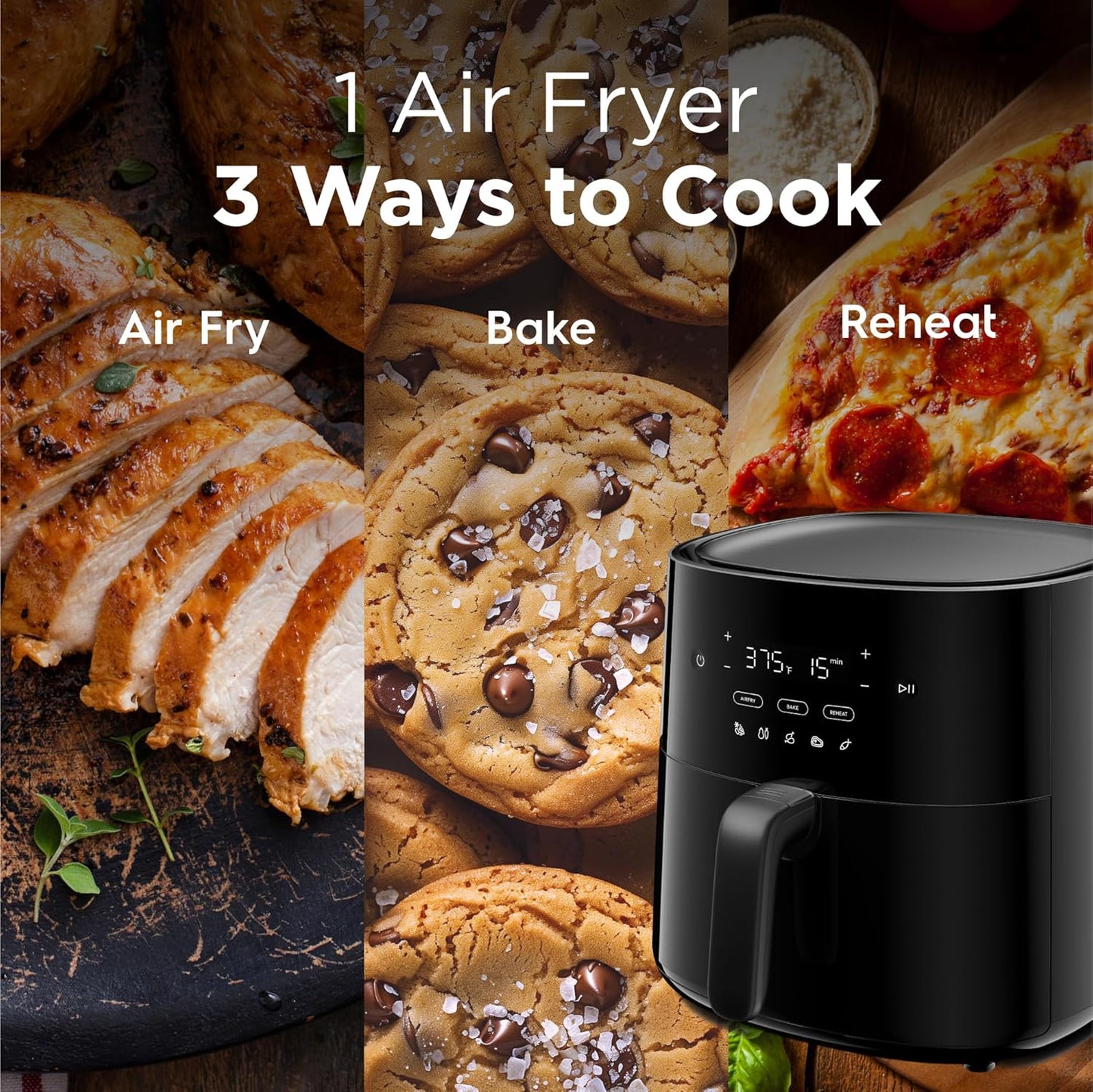 Frigidaire 3-in-1 Air Fryer, Large 5.3 QT Capacity, Digital Display, 3 Cooking Modes, 5 Recipe Presets, Automatic Shake Reminder, PFAS-Free Cooking Surfaces, Black