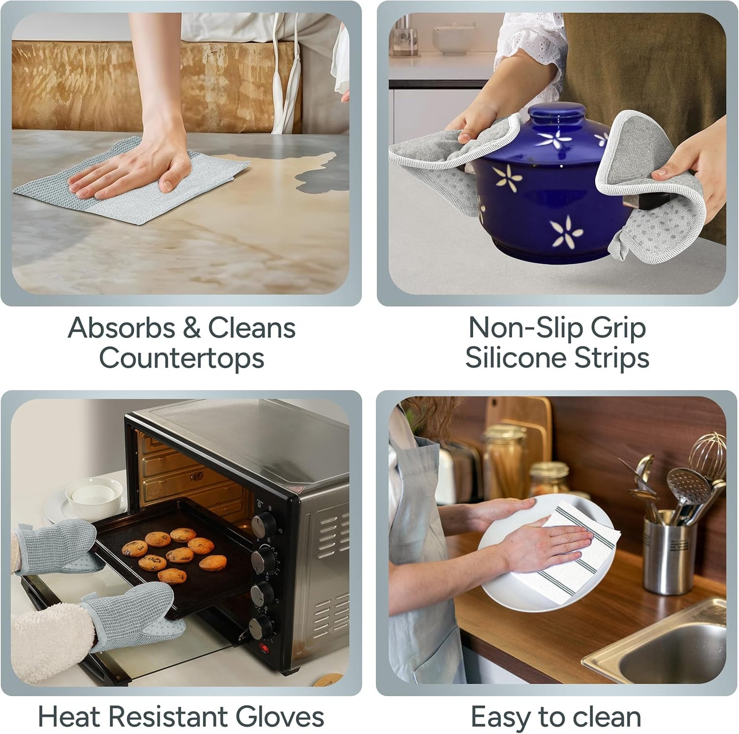 Casa Platino 8-Piece Mini Oven Mitt & Pot Holder Set – 500°F Heat Resistant with Silicone Grip, Includes 2 Kitchen Towels & 2 Dish Cloths for Drying – Non-Slip, Durable, Machine Washable – Grey