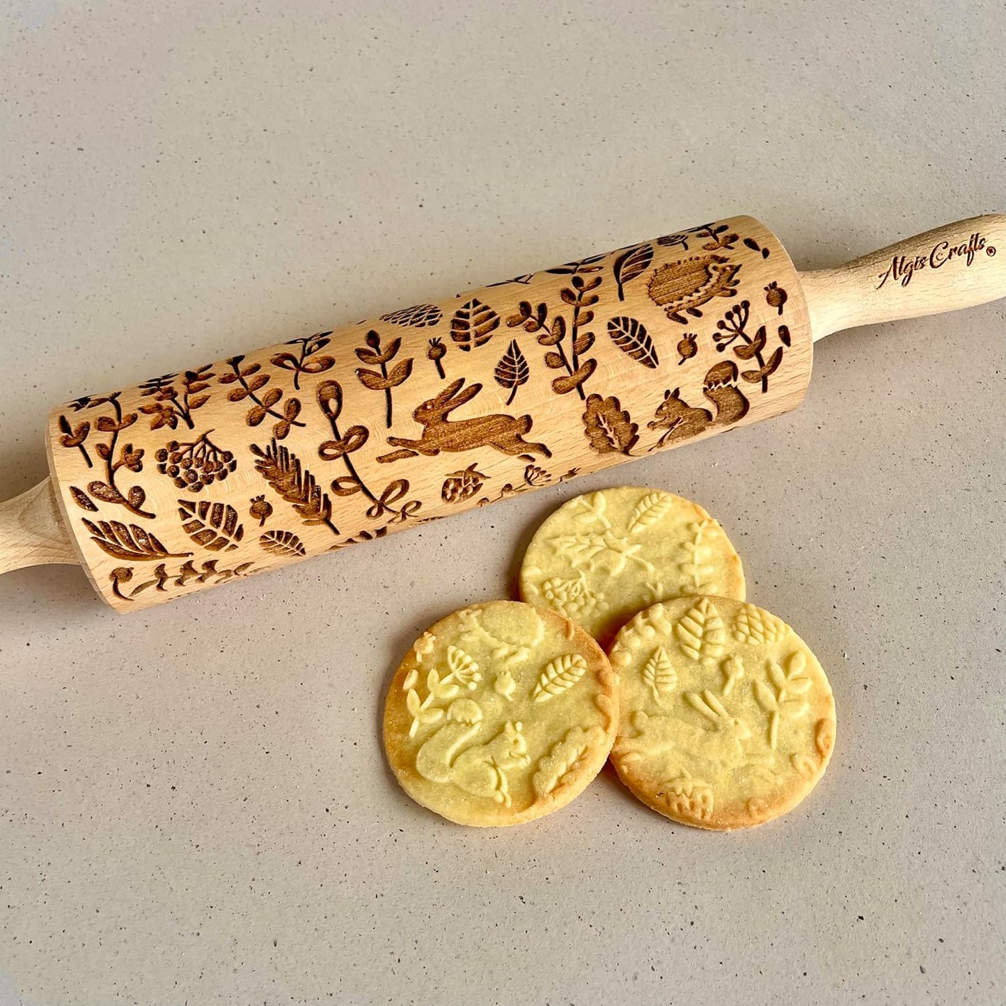 FOREST ANIMALS Embossing Rolling Pin. Laser Engraved Dough Roller for Embossed Cookies Fondant or Pottery by Algis Crafts
