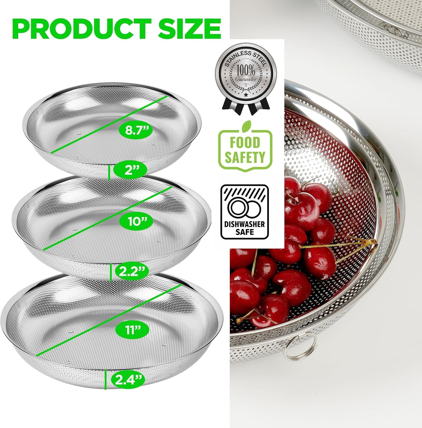 Premium 18/8 304 Stainless Steel Small Colander Set of 3, Comfortable Tray, Micro-Perforated Shallow Colanders 2-3-4 Quart Set, Self-Draining Solid Base for Pasta, Fruits, Vegetables