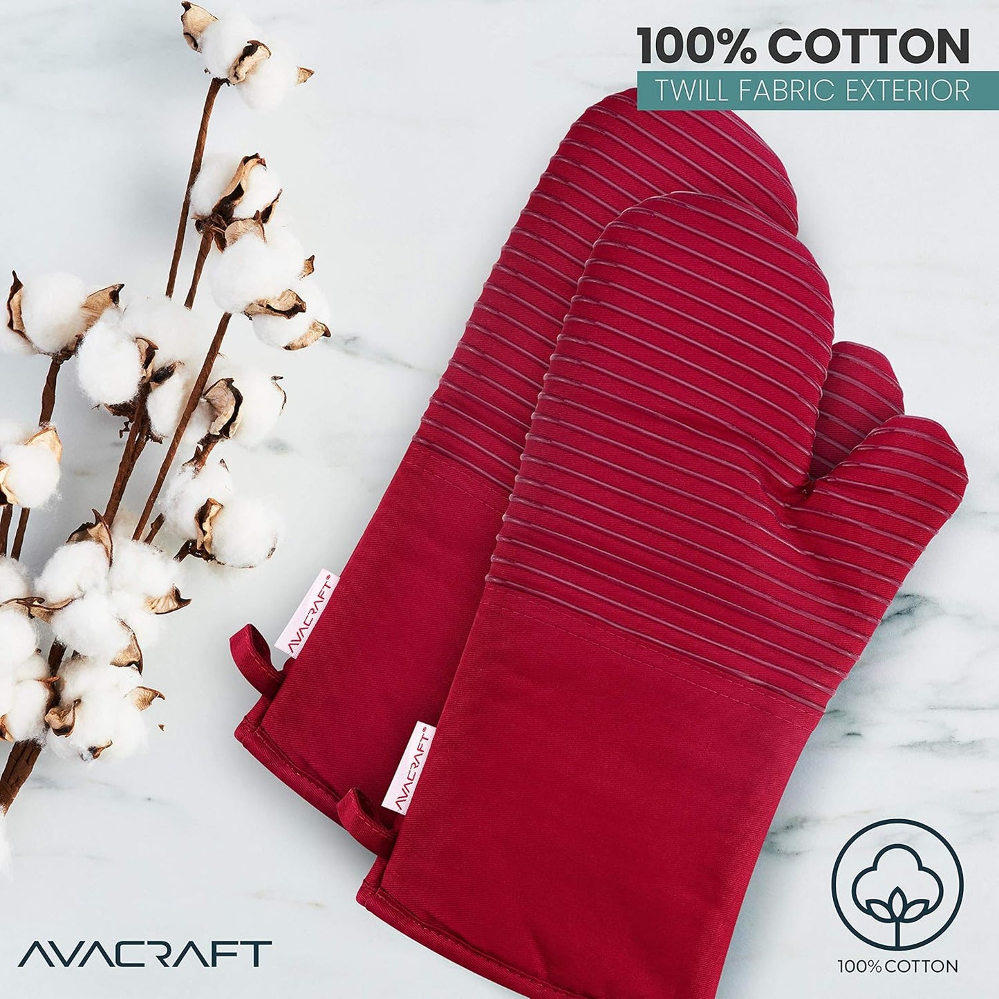 AVACRAFT Oven Mitts Pair, Flexible, 100% Cotton with Unique Heat Resistant Food Grade Silicone, Thick Terry Cloth Interior, 500 F Heat Resistant (Red Oven Mitts)