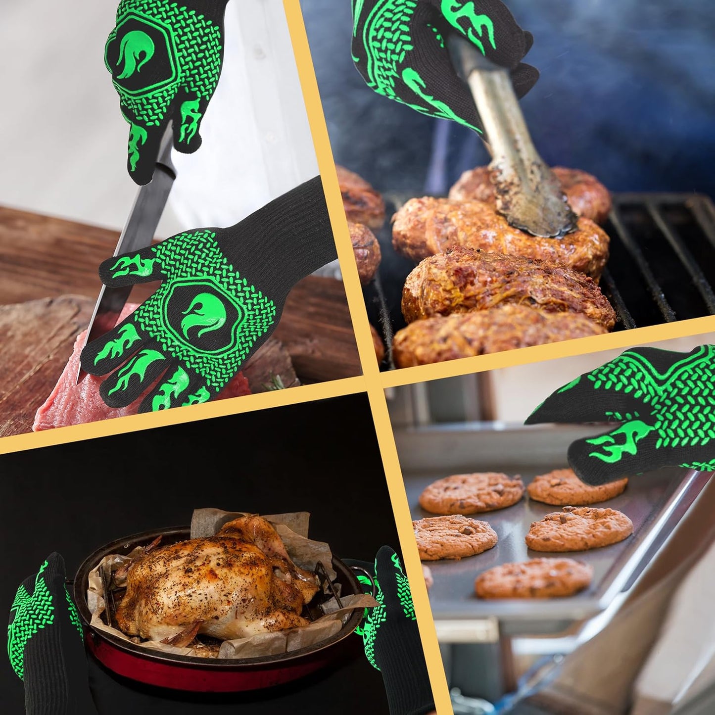 BBQ Fireproof Gloves, Grill Cut-Resistant Gloves 1472°F Heat Resistant Gloves, Non-Slip Silicone Oven Gloves, Kitchen Safe Cooking Gloves for Oven Mitts,Barbecue,Cooking, Frying,13.5 Inch-Green