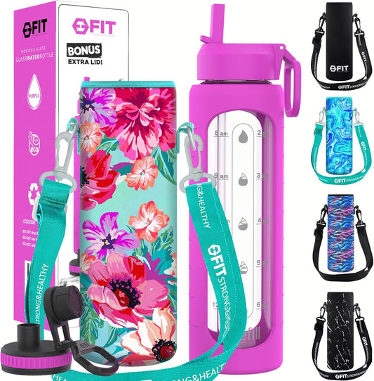 FIT Strong & Healthy 32 oz Glass Water Bottle with Straw Lid, Time Marker, Sleeve & Extra Lid - Motivational, Wide Mouth 1 Liter Glass Drinking Bottle