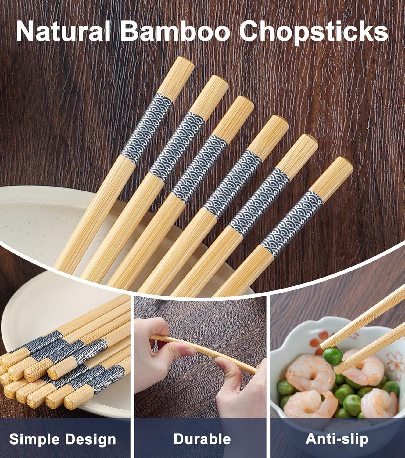 Bamboo Chopsticks Reusable 20Pairs | Eating | Non slip | Chinese -（9.45in）