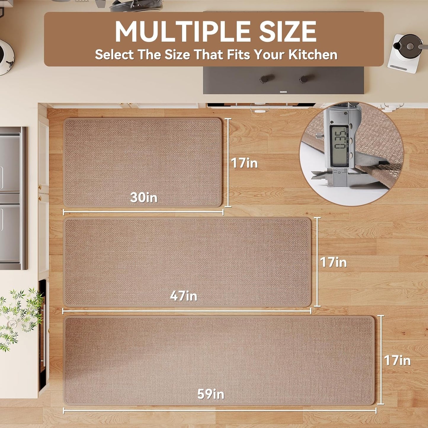 Kitchen Runner Rugs Non Slip Washable, Super Absorbent Cushioned Kitchen Mats for Floor, Linen-Look Woven Sink Mat Standing Floor Mat, Easy Clean, Brown 17"x59"