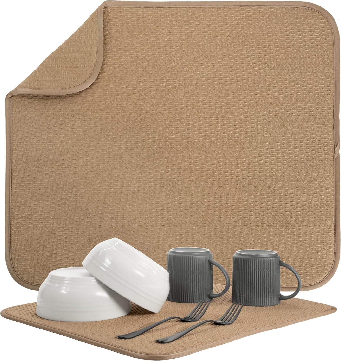 S&T INC. Dish Drying Mat, 16” x 18”, Absorbent Microfiber Kitchen Counter Mat, Drying Pad for Dishes, Utensils, Pots and Pans, Large, Diamond Texture, Almond