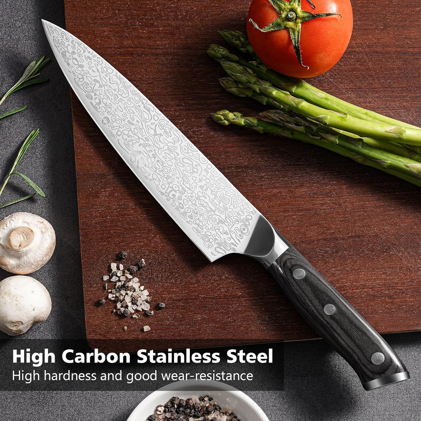 8 Inch Chef Knife, Kitchen Knife with Sharpener and Finger Guard, Professional Steel Sharp Chef's Knife Set with Ergonomic Handle, Gifts for Mom/Dad, Black