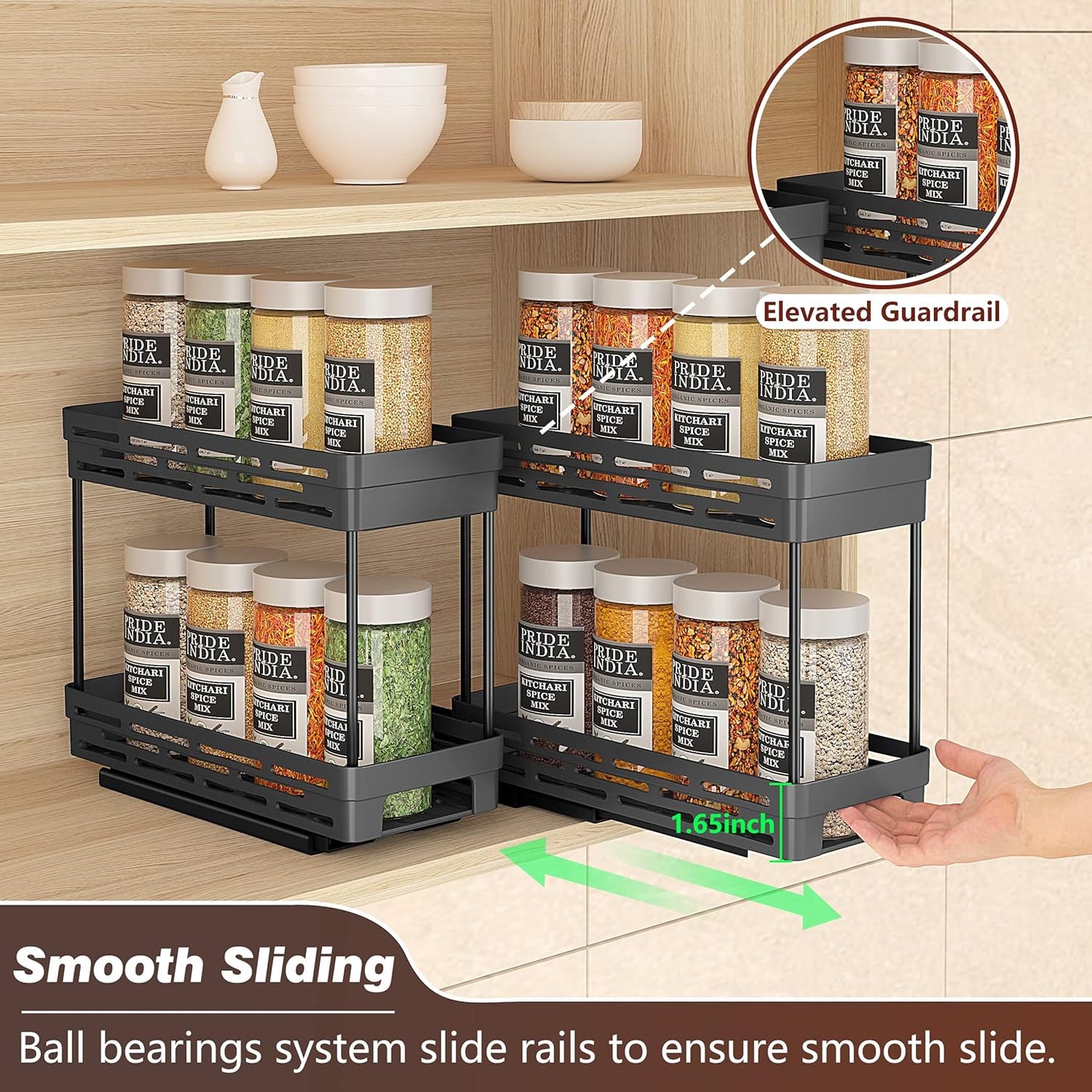 2 Pack Pull Out Spice Rack Organizer for Cabinet, Slide Out Spice Racks Organizer, Spice Cabinet Organizers, Cabinet Size Need:12'' Highx11'' Deepx5'' Wide,Hold 10 Spice Jar Each Tier-2Tier, Black
