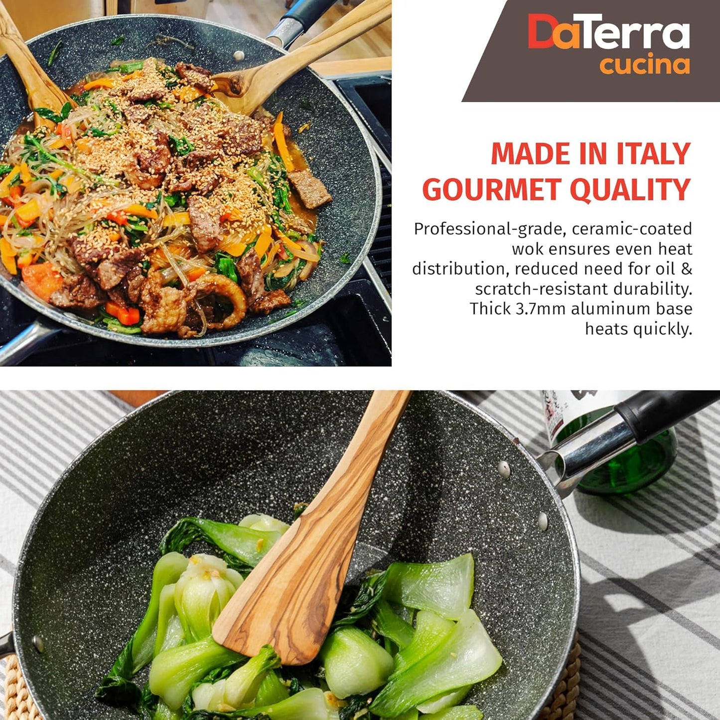 DaTerra Cucina - 13" Nonstick Ceramic Wok with Lid - Made in Italy - High Heat Resistant Nonstick Cookware - Oven Safe, PTFE, Cadmium, Lead & PFOA free - Volcanic Black Speckled