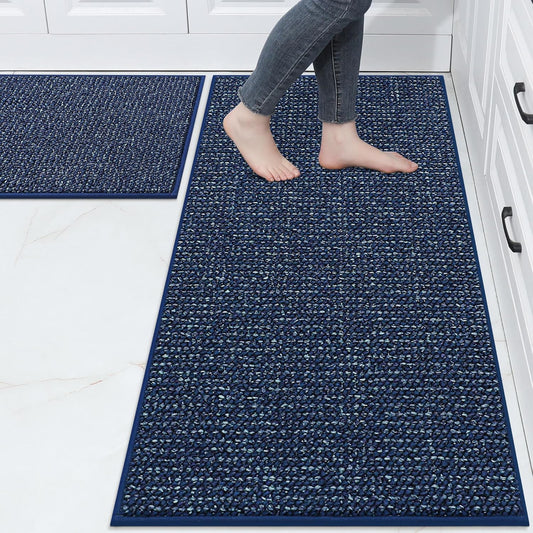 BEQHAUSE Kitchen Rugs and Mats 2PCS, Non-Slip Kitchen Mats for Floor, Absorbent and Stain Resistant Kitchen Runner, Machine Washable Rugs for Kitchen, Laundry & Sink, 24"x36"+24"x60", Blue