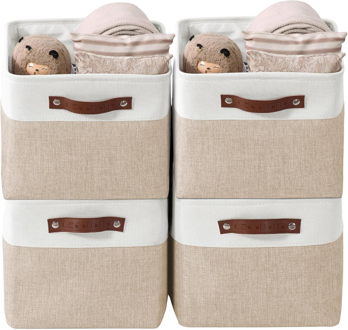 DECOMOMO Storage Baskets for Shelves - Fabric Storage Bins, Linen Closet Organizers and Storage (Beige & White, Large - 4 Pack)