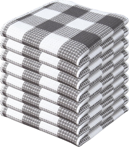 Waffle Weave Plaid Dish Cloths, 100% Cotton - 12 x 12 Inches, Ultra Soft Absorbent Quick Drying Dish Towels Buffalo Check Dish Rags for Kitchen, 8 Pack - Spring Summer - Steel Grey & White