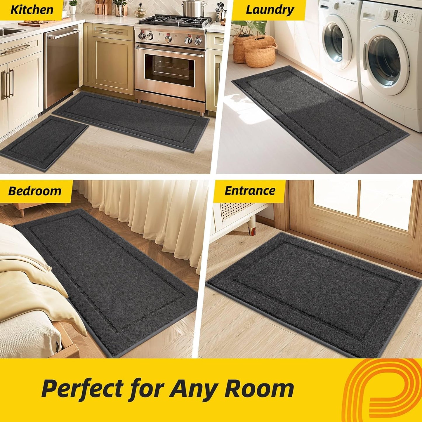 JSEI Non-Slip Kitchen Mats, Self Adhesive No Sliding Kitchen Rugs Set of 2, Washable Absorbent Floor Mat for Kitchen, Bathroom, Laundry Room, Bedroom, 24”x36”+24”x60”, Dark Grey, Rectangular Pattern