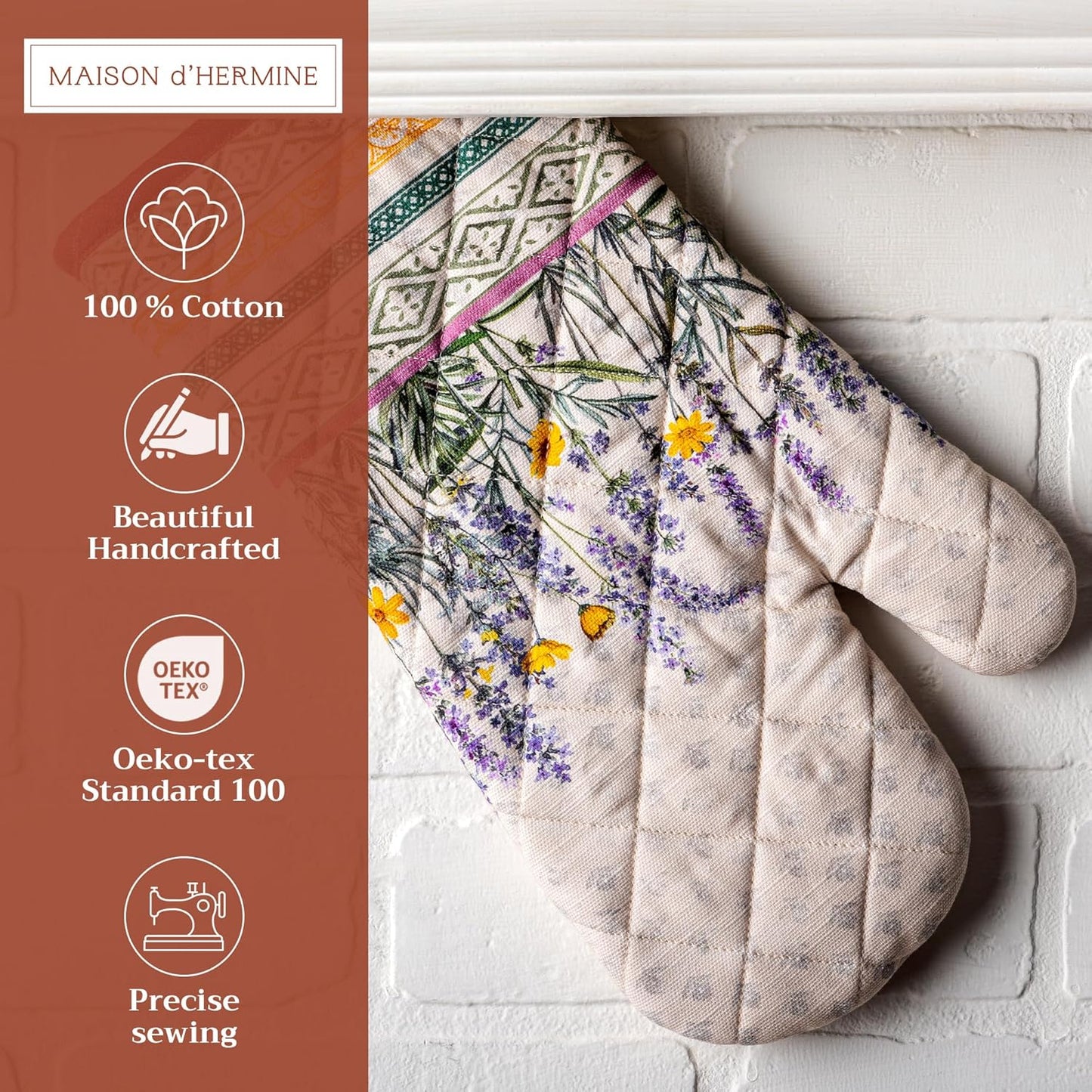Maison d' Hermine Oven Gloves 100% Cotton Oven Mitt 7" x 13" with Loop Heat Resistant, BBQ, Cooking Gloves, Baking, Grilling, Kitchen, Handling Hot Pans Spring/Summer (Pack of 1, Fanny Lavender)