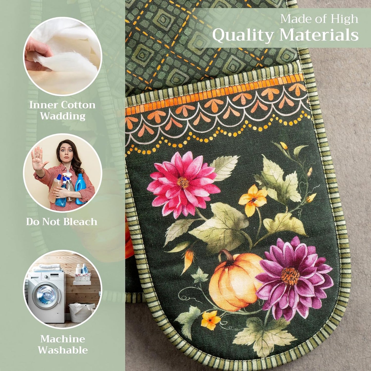 Maison d' Hermine Double Oven Mitts 100% Cotton 7"x35" Double Oven Mitt Heat Resistant BBQ Cooking Gloves with Loop, Baking, Grilling, Home, Kitchen, Handling Hot Pans (Pumpkin Garden - Dark Green)