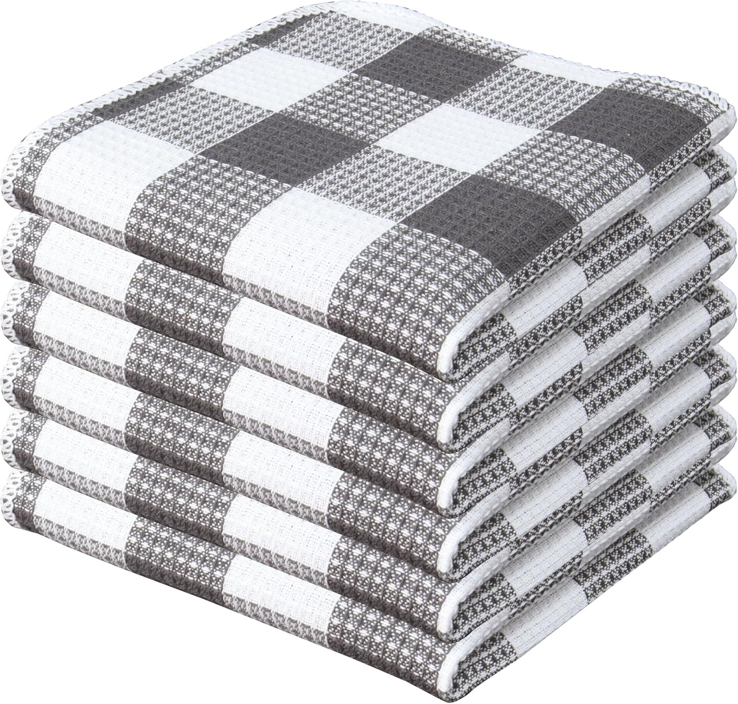 Waffle Weave Plaid Dish Cloths, 100% Cotton - 12 x 12 Inches, Ultra Soft Absorbent Quick Drying Dish Towels Buffalo Check Dish Rags for Kitchen, 6 Pack - Spring Summer - Steel Grey and White