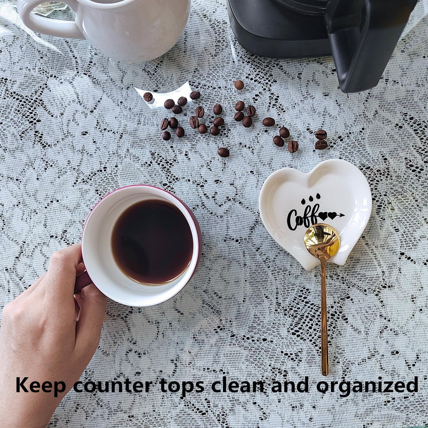 Heart-shaped Coffee Spoon Rest, Mini Coffee Spoon Holder, Coffee Stirrers, Teaspoon, Bar Spoon Rest, Coffee Bar Accessories (Ture white+Gold Spoon)