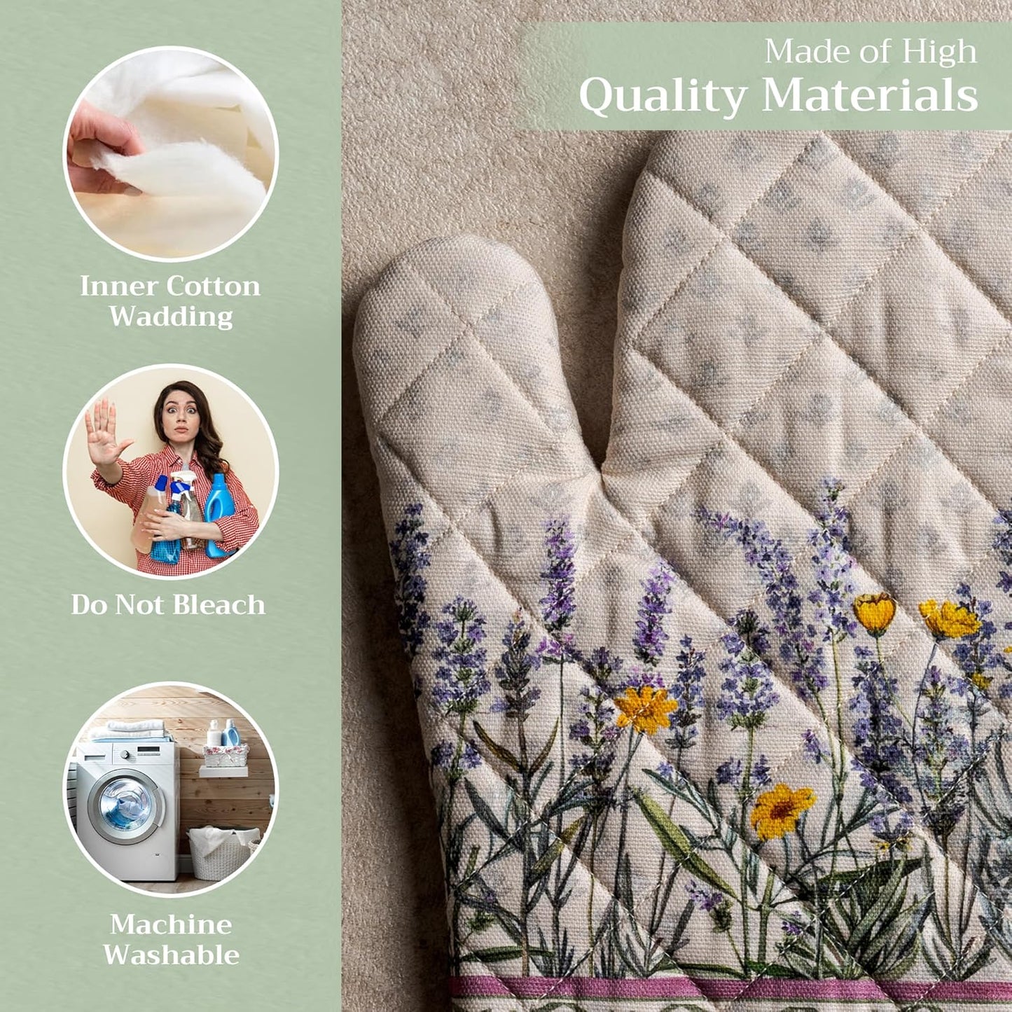 Maison d' Hermine Oven Gloves 100% Cotton Oven Mitt 7" x 13" with Loop Heat Resistant, BBQ, Cooking Gloves, Baking, Grilling, Kitchen, Handling Hot Pans Spring/Summer (Pack of 1, Fanny Lavender)