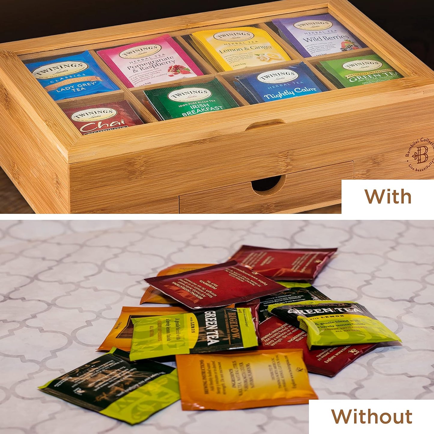 Bambüsi Personalized Tea Organizer - Engraved Bamboo Tea Box, 8 Compartments, Acrylic Window, Magnetic Lid - Unique Gift for Tea Enthusiasts