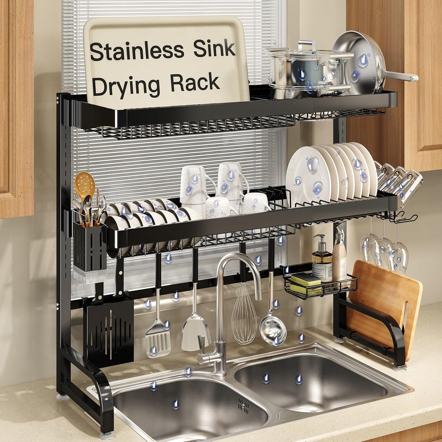 3 Tier Extra Large Stainless Steel Expandable Over The Sink Dish Drainer Drying Rack, Rust Proof Metal, Space Saving, Modern Black Big Capacity Extendable Plate Strainers Above Kitchen Counter
