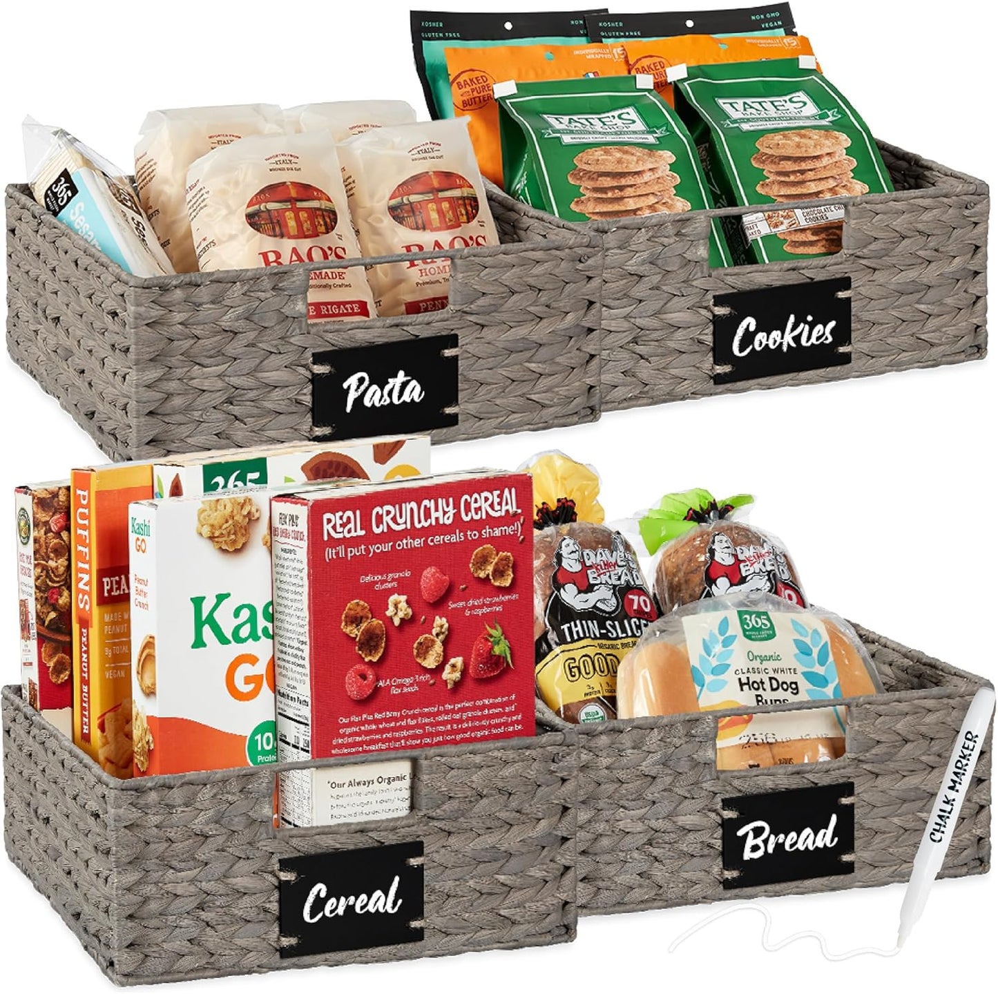Best Choice Products Set of 4 13x12in Water Hyacinth Pantry Baskets, Woven Organizers w/Chalkboard Label, Chalk Marker - Gray