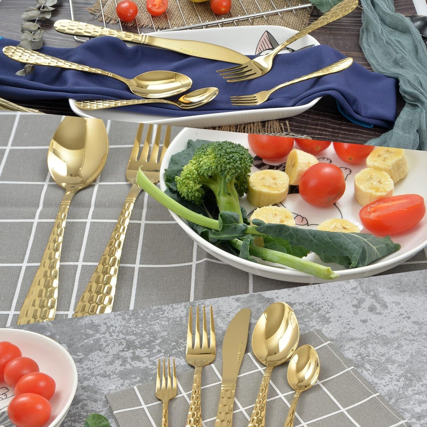 20 Piece Silverware Set for 4, Hammered Silverware Set 18/10 Stainless Steel Tableware Cutlery Flatware Spoons and Forks Set for Home Kitchen Restaurant, Unique Utensils Set Dishwasher Safe (Gold)