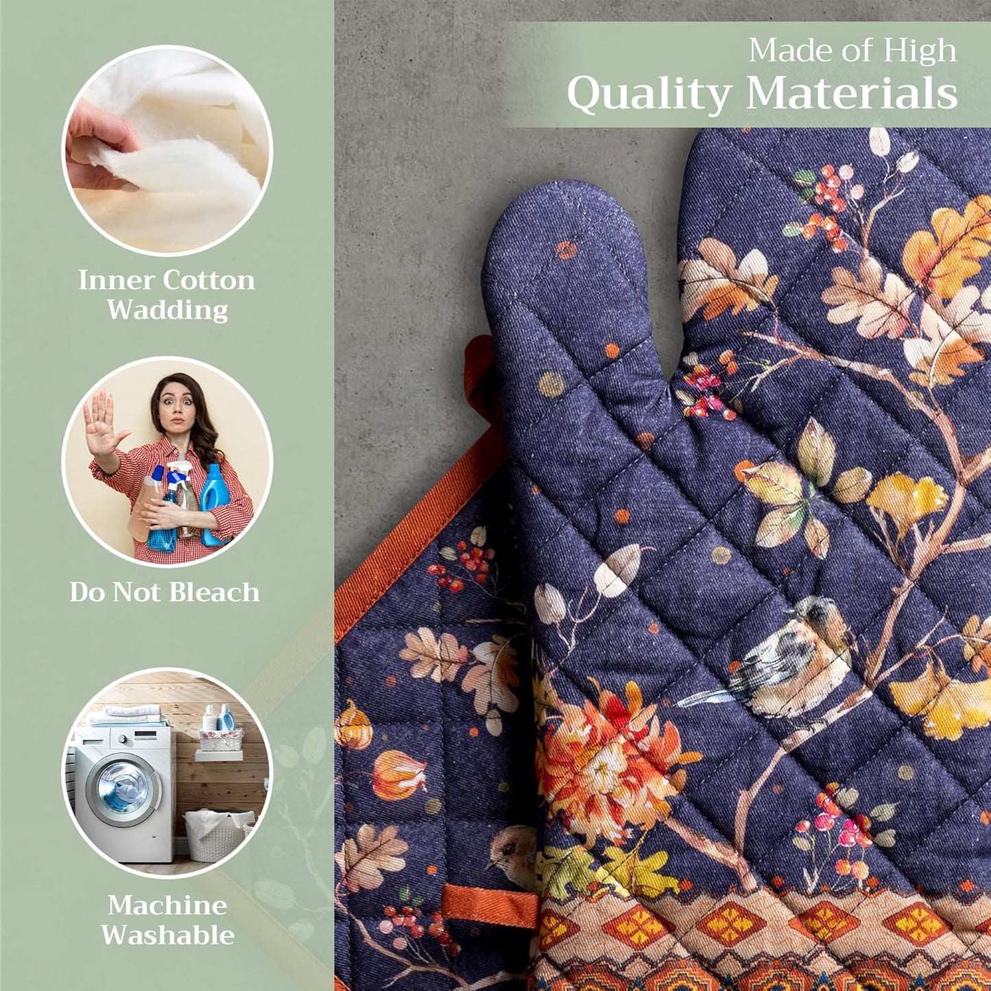 Maison d' Hermine 100% Cotton Oven Mitt & Pot Holder Set (7.5"x13" & 8"x8") Heat Resistant BBQ Cooking Gloves with Loop, Baking, Grilling, Kitchen, Handling Hot Pans (Kelim - Infinity)