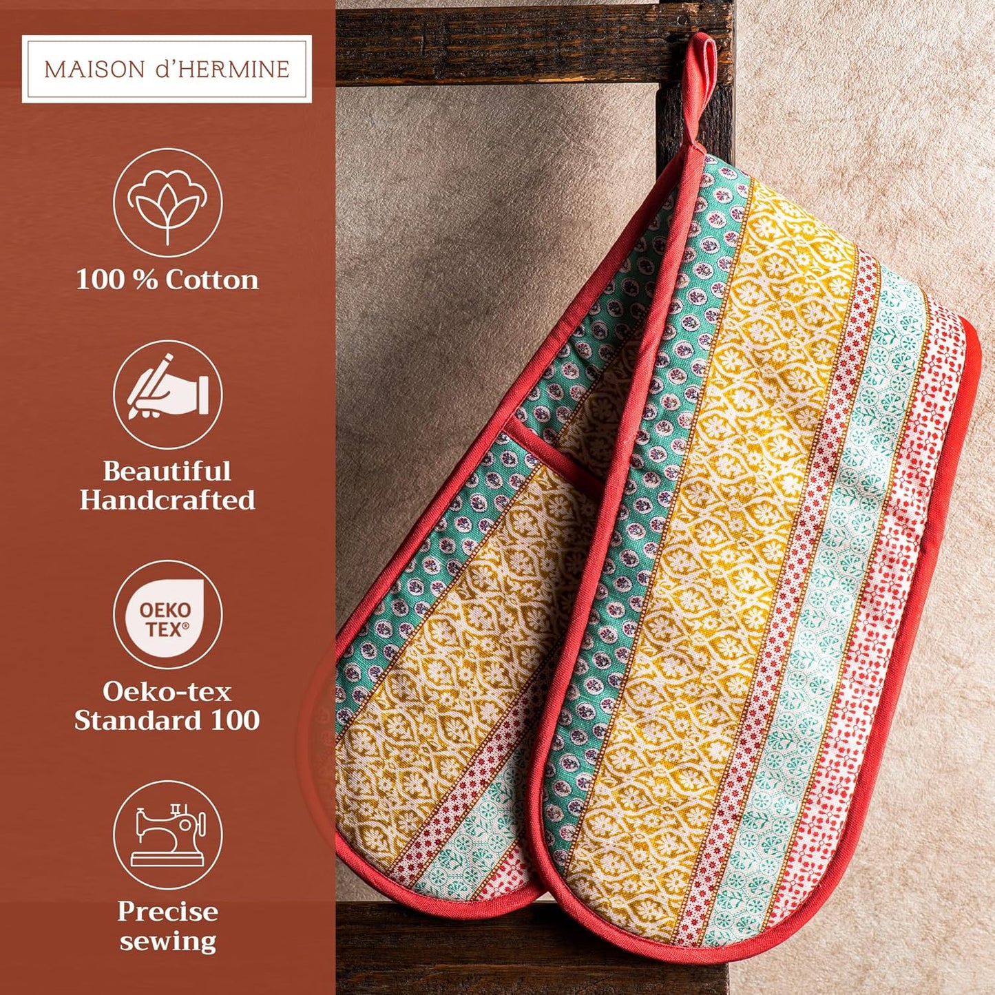 Maison d' Hermine Double Oven Mitts 100% Cotton 7"x35" Double Oven Mitt Heat Resistant BBQ Cooking Gloves with Loop, Baking, Grilling, Home, Kitchen, Handling Hot Pans Spring Summer (Provence)